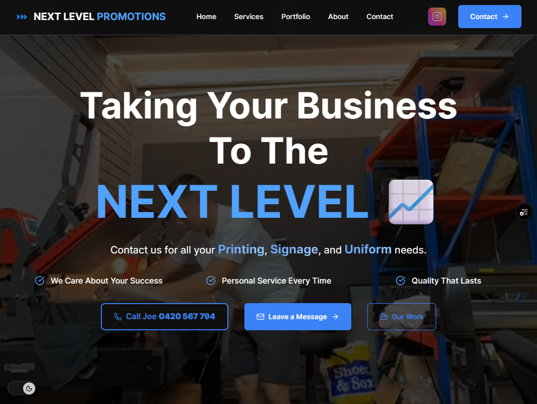 Custom website design for Next Level Promotions, a Sydney events and promotions company